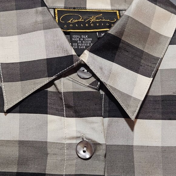DIANE GILMAN  Collection Woman's  Black & Gray Plaid 100% Silk Long Sleeve Med - Picture 5 of 15